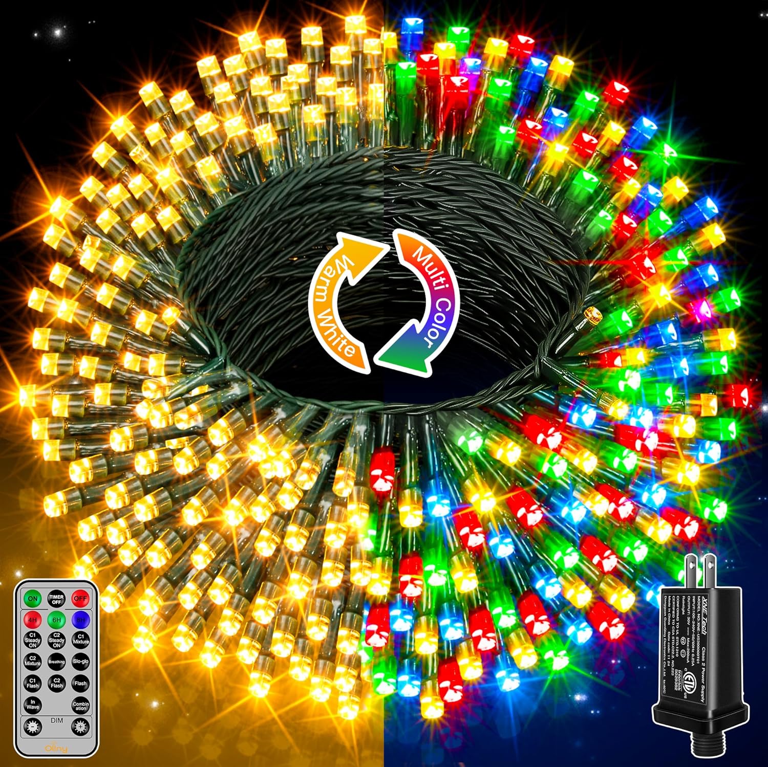 Ollny Christmas Lights, 210FT 640LED Christmas Tree Lights with 11 Modes Remote Control IP44 Waterproof Warm White to Multicolored Outdoor Christmas Lights for Outside Indoor Patio Xmas Decorations