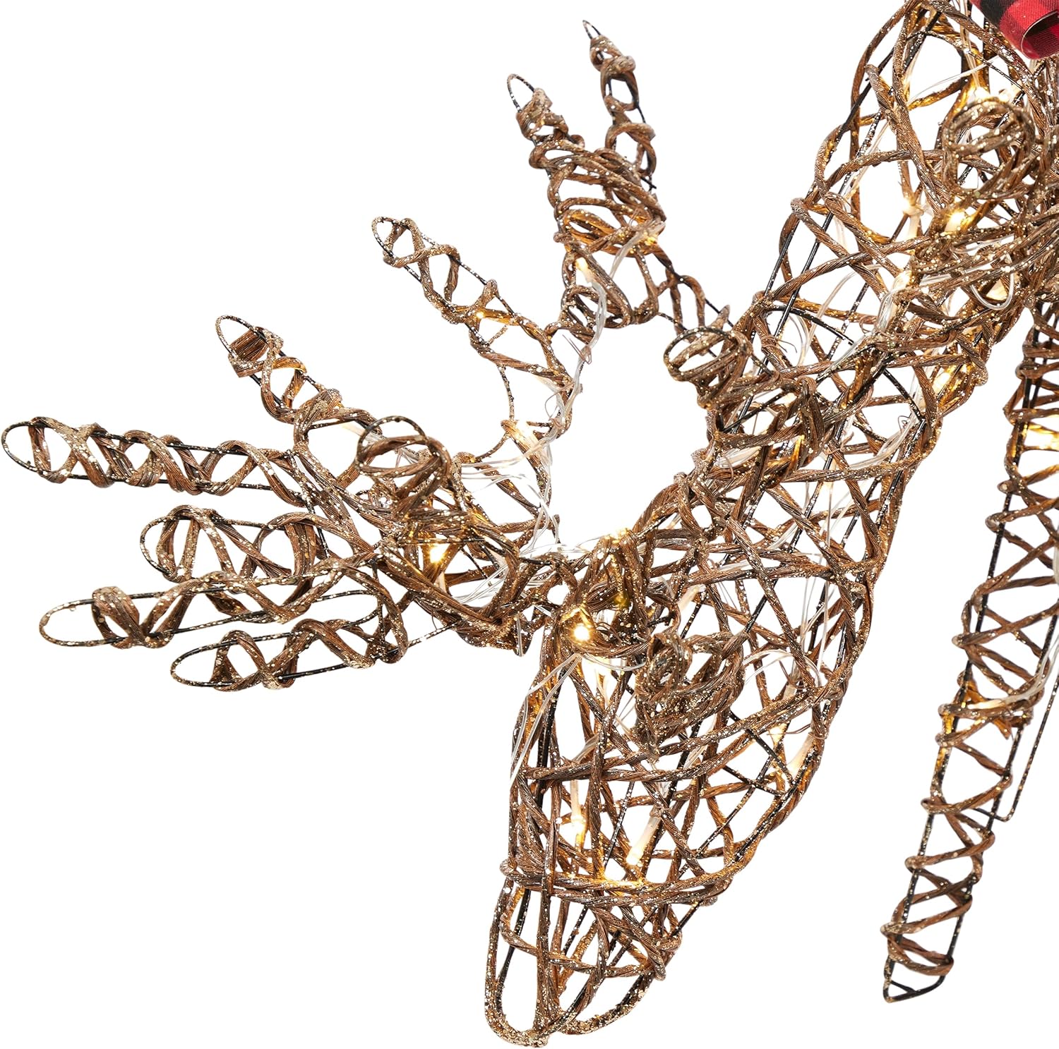 Alpine Corporation 24 Tall Outdoor Rattan Grazing Reindeer Lawn Decoration with White LED Lights, Christmas Yard Decor, Holiday Garden Display