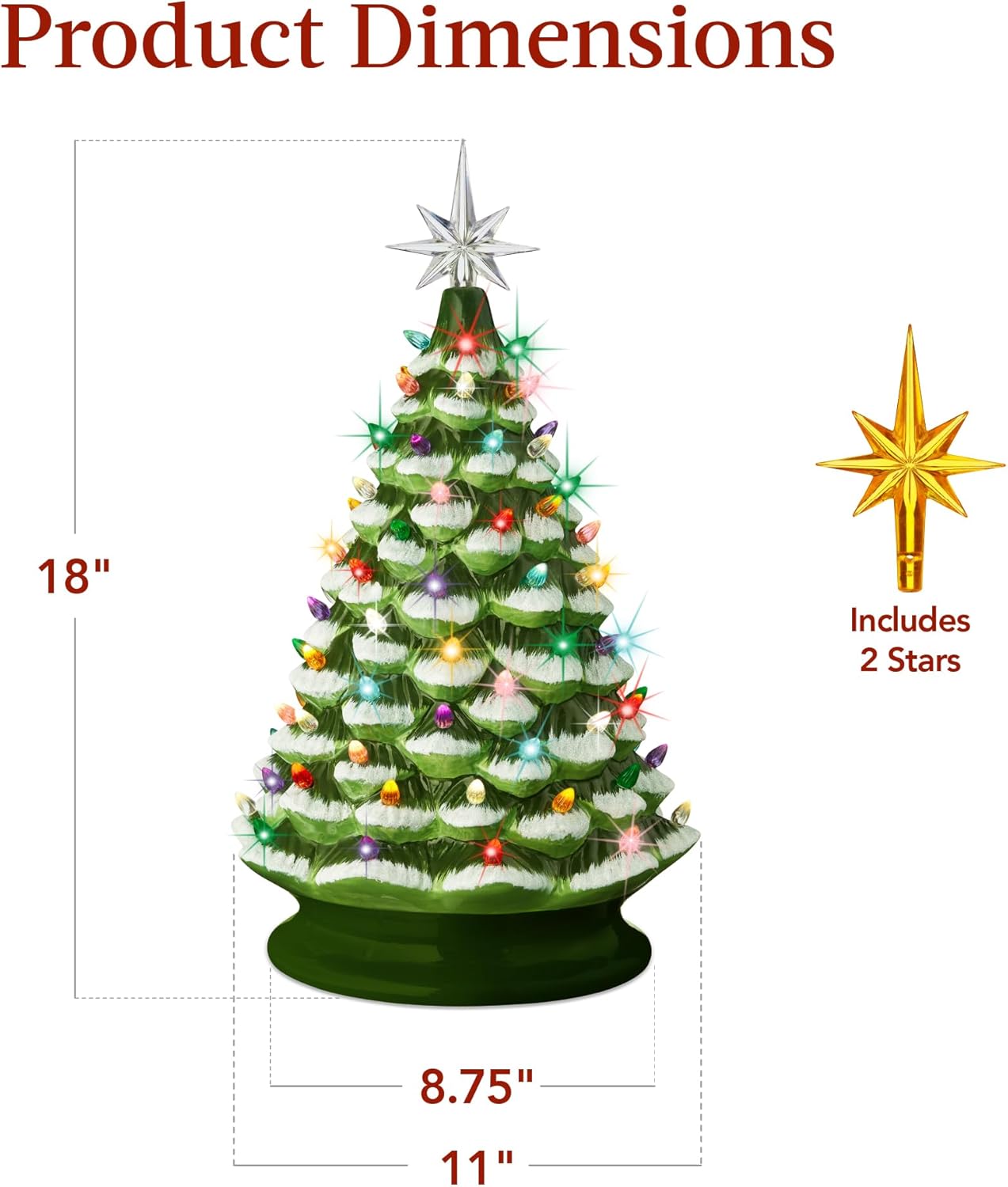 Best Choice Products 18in Large Ceramic Christmas Tree, Pre-lit Hand-Painted Tabletop Holiday Decoration w/Power Cord, 2 Star, 93 Multicolored Bulbs, LED Lights - Green