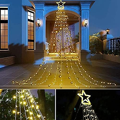 PUHONG Christmas Lights, Decorations Star Lights, 320 LED Christmas Tree Lights Outdoor, 16.4Ft String Lights, 8 Light Modes with 12 Lighted Star for Xmas New Year (Iron-Multicolor)