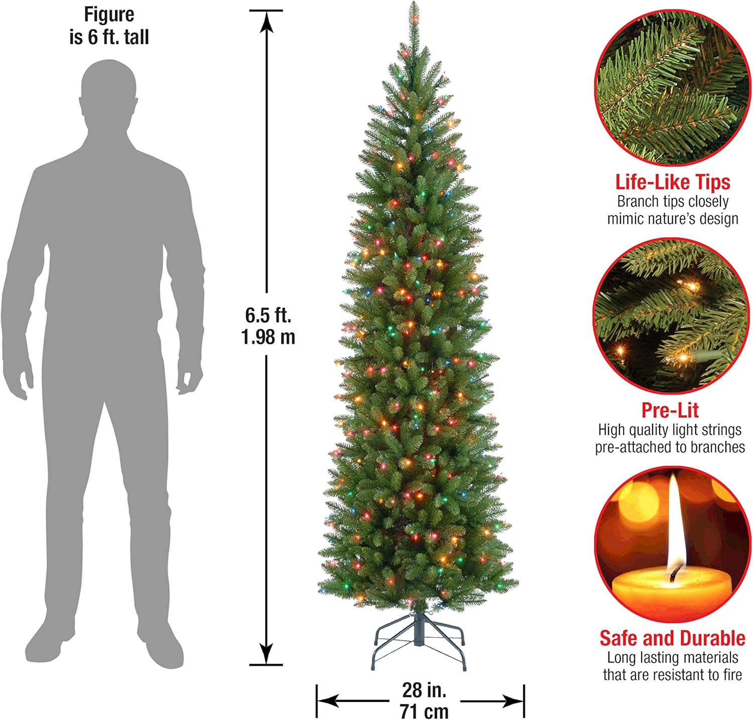 National Tree Company 6.5 ft Pre-Lit Kingswood Fir Slim Artificial Christmas Tree, 250 Multicolor Lights, 719 Tips, Includes Stand, Green