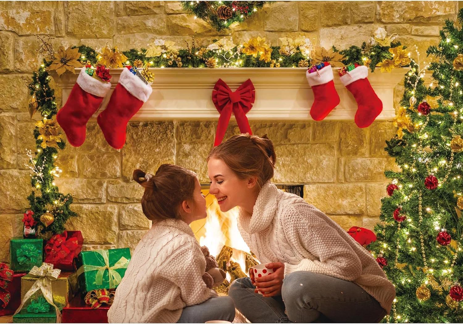 Christmas Fireplace Theme Backdrop for Photography Soft Wrinkle Free Fabric Tree Sock Decorations for Xmas Party Supplies Photo Background Pictures Banner Studio Decor Booth Props