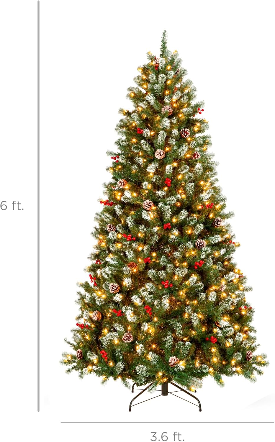Best Choice Products 6ft Pre-Lit Pre-Decorated Spruce Hinged Artificial Christmas Tree w/ 798 Tips, Pinecones, Berries, 250 Lights, Metal Base