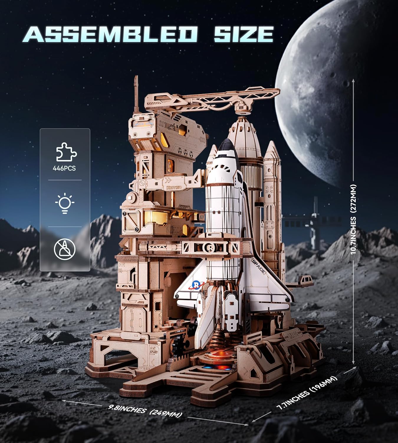 ROKR 3D Puzzles Space Shuttle Model - Dynamic Launch Base with Motorized Lift, LED Light Effects, 1:420 Scale Collectible Building Kit
