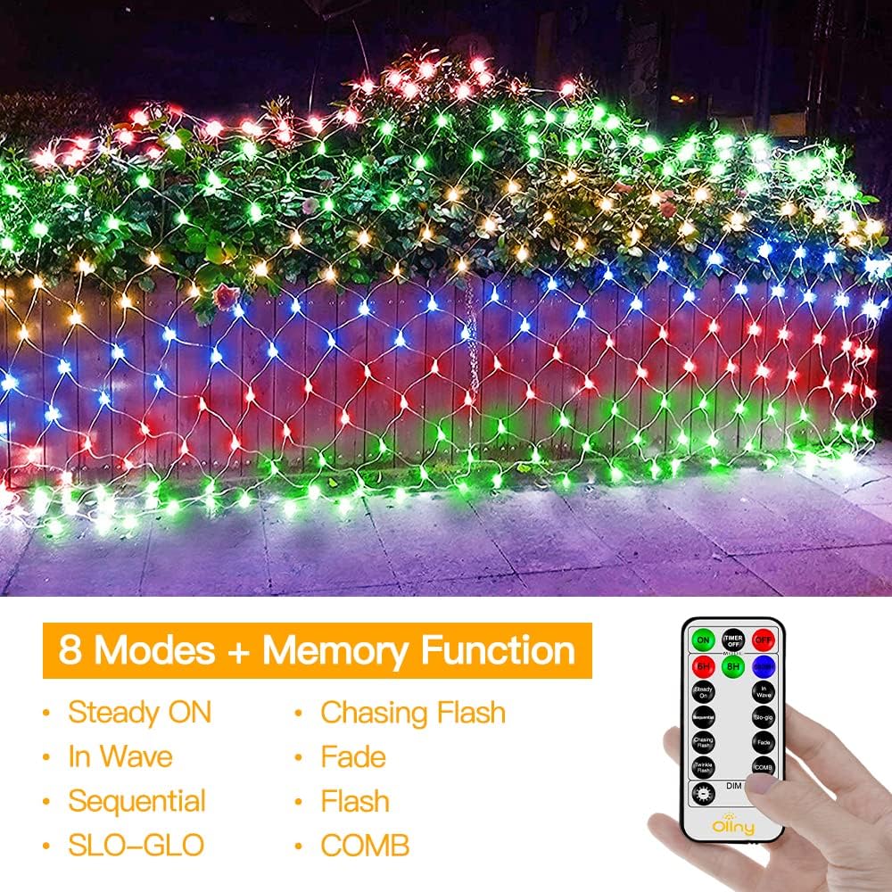 Ollny Net Lights Outdoor Mesh Light 10x7ft, 210LED Clear Wire Connectable Christmas Net Lights with 8 Modes, IP67 Waterproof Bush Light for Tree Wall Ceiling Outside Decorations, Warm White