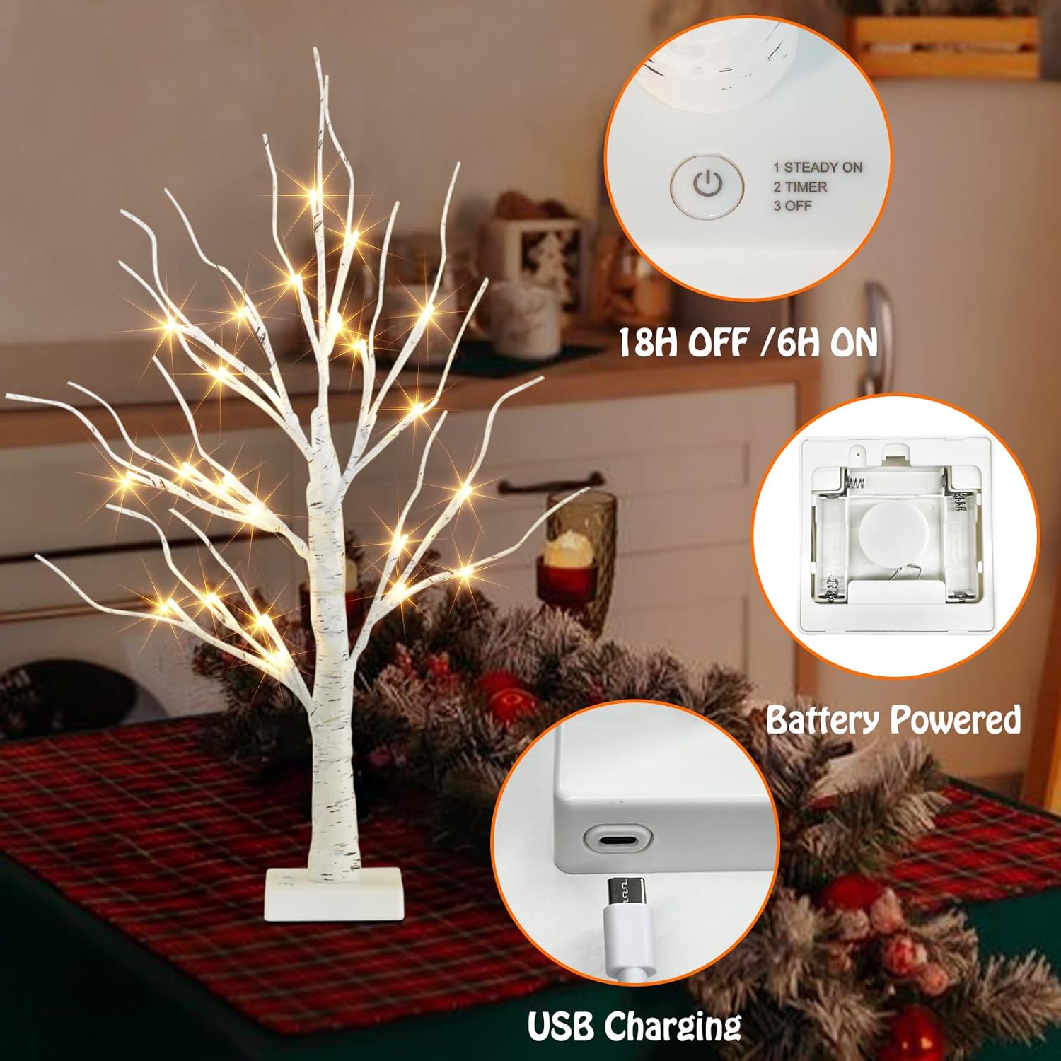 EAMBRITE Home Decorations Light Up White Birch Tree Indoor Christmas Decor, 4 Pack Battery Operated/USB Lighted Tabletop Money Tree Lamp Led Lights Xmas Wedding Centerpiece Table Room (2 Ft)