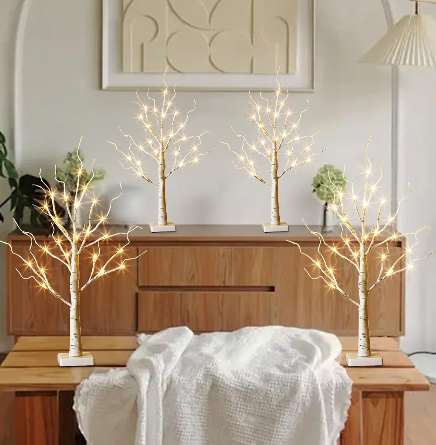 EAMBRITE Home Decorations Light Up White Birch Tree Indoor Christmas Decor, 4 Pack Battery Operated/USB Lighted Tabletop Money Tree Lamp Led Lights Xmas Wedding Centerpiece Table Room (2 Ft)