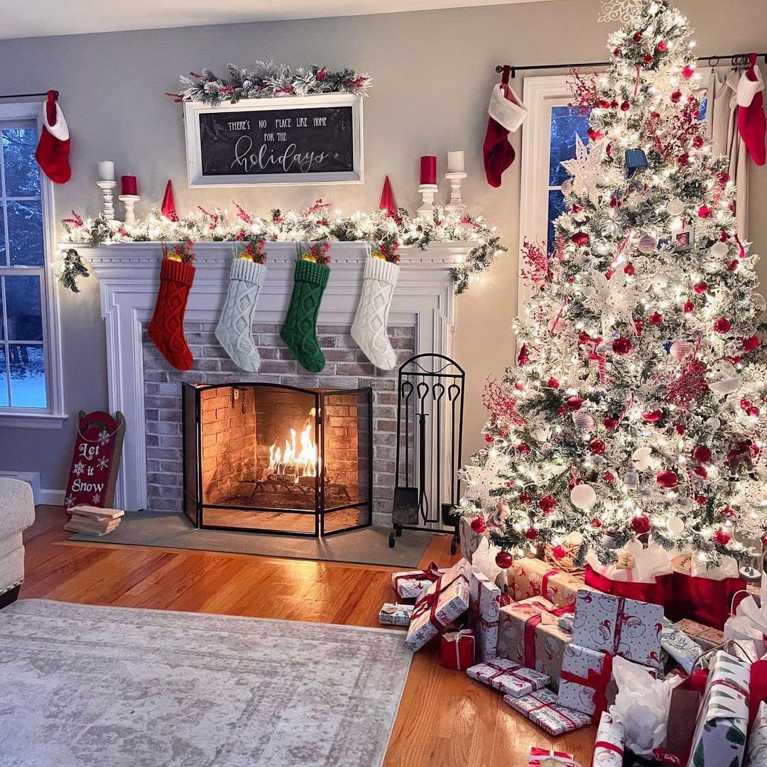 Fesciory 4 Pack Christmas Stockings 18 Inches Large Size Cable Knitted Stocking Gifts & Decorations for Family Holiday Xmas Party, Ivory White