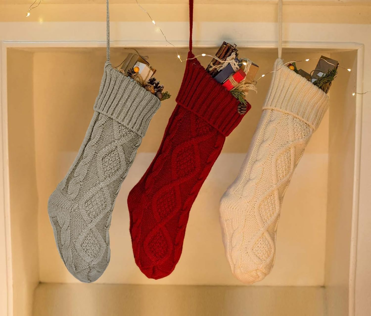 Fesciory 4 Pack Christmas Stockings 18 Inches Large Size Cable Knitted Stocking Gifts & Decorations for Family Holiday Xmas Party, Ivory White