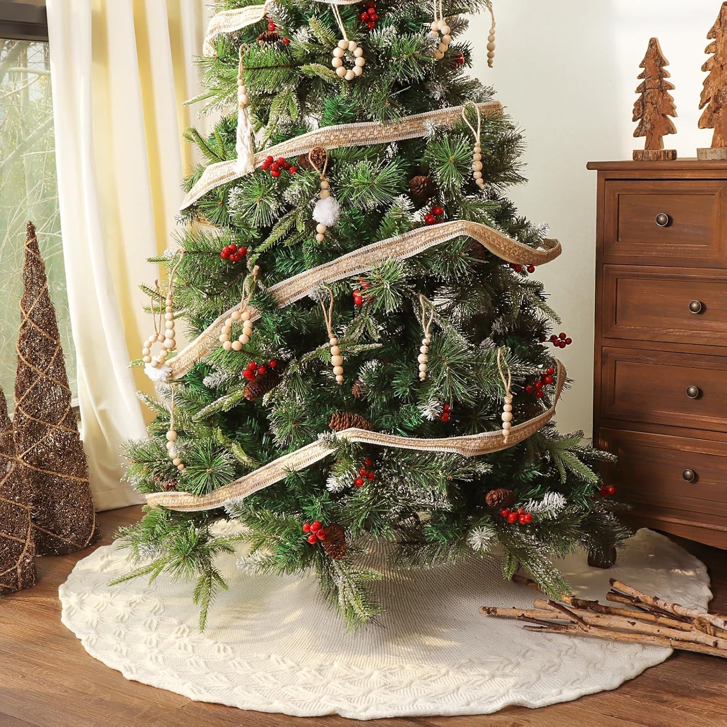 48 Inch Christmas Tree Skirt: Cable Knit Tree Skirt for 7.5FT Tree, Wine Red Tree Skirt, Vintage Tree Skirts, Rustic Farmhouse Christmas Decorations