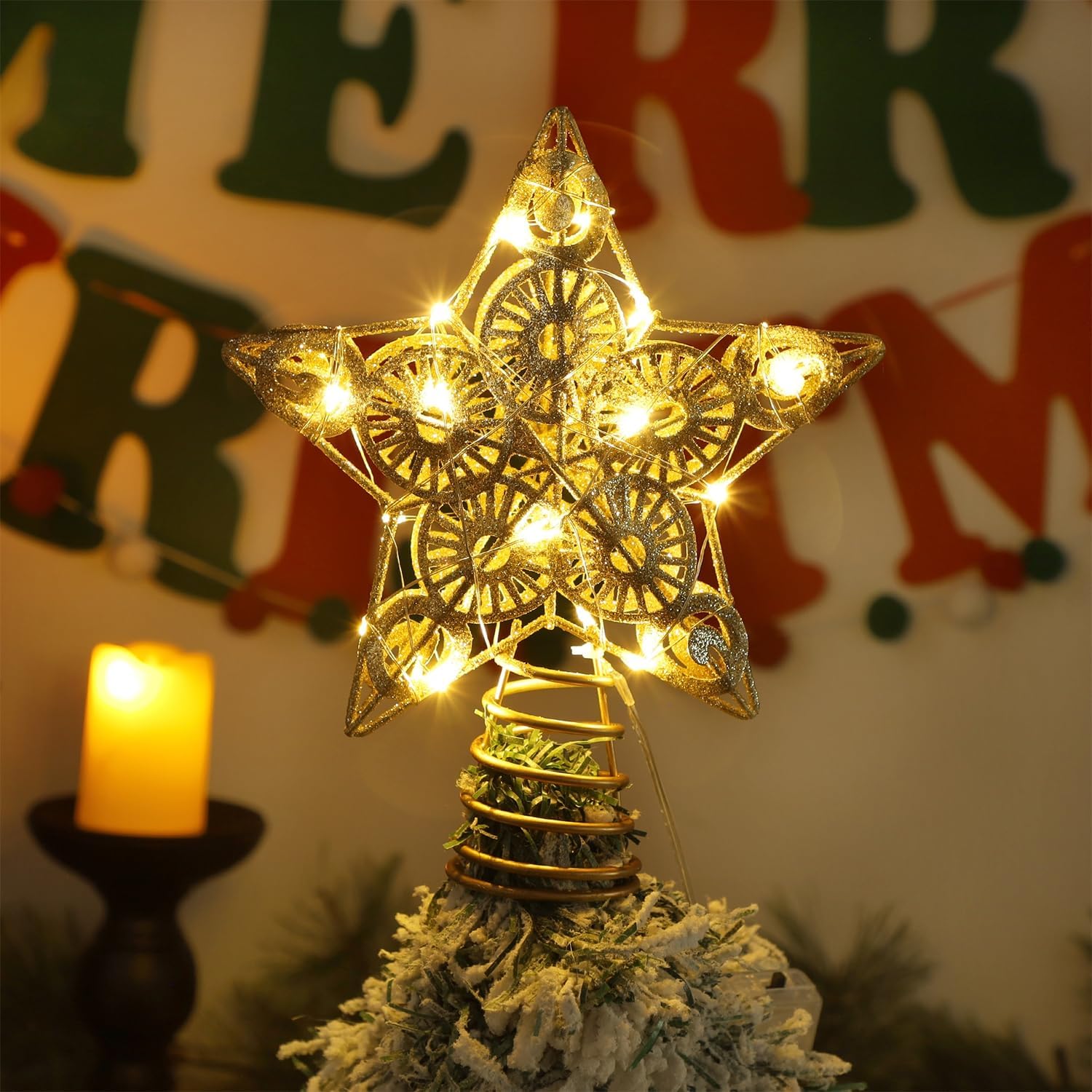 Juegoal Star Tree Topper with 20 LED Lights, Metal Golden Lighted Treetop Ornaments, Battery Powered Light Up Christmas Tree Decorations, 6.5 x 6.5 Inches