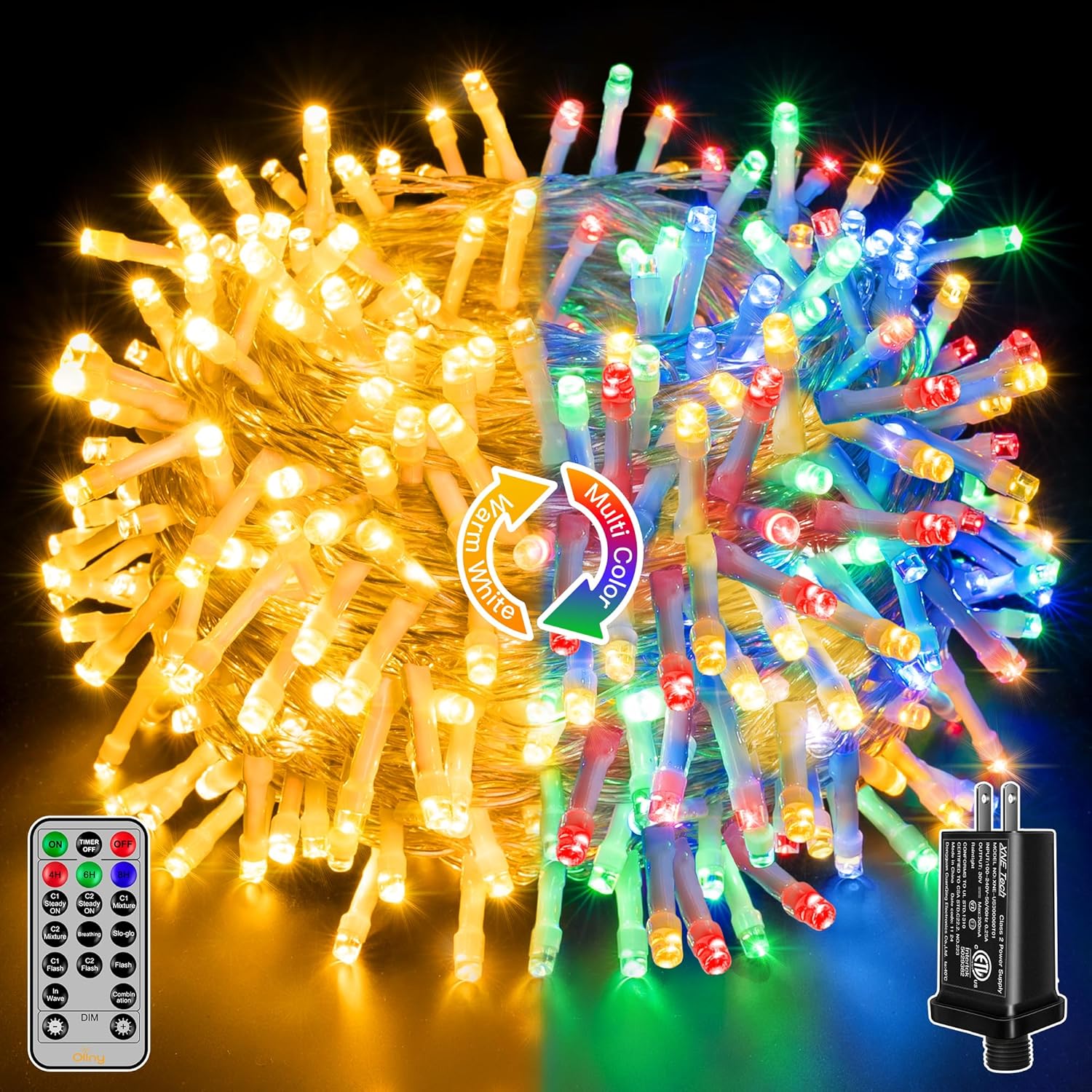 Ollny Christmas Lights, 210FT 640LED Christmas Tree Lights with 11 Modes Remote Control IP44 Waterproof Warm White to Multicolored Outdoor Christmas Lights for Outside Indoor Patio Xmas Decorations