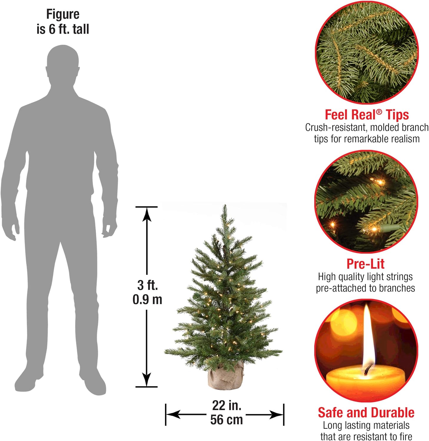National Tree Company 3 ft Pre-Lit Nordic Spruce Mini Artificial Christmas Tree, 100 Clear Lights, 363 Tips, Burlap Base, Green