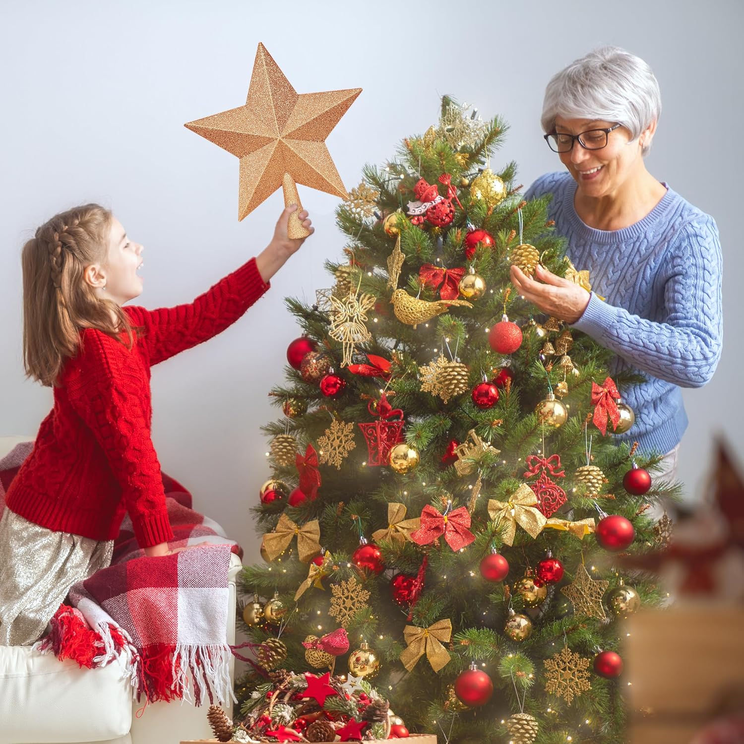 Christmas Tree Star Topper, 8 Gold Xmas Star Tree Decorations, 3D Shatterproof Bethlehem Star Tree Topper Decorations, Waterproof Christmas Tree Topper Decor for Holiday Home Outdoor Ornament