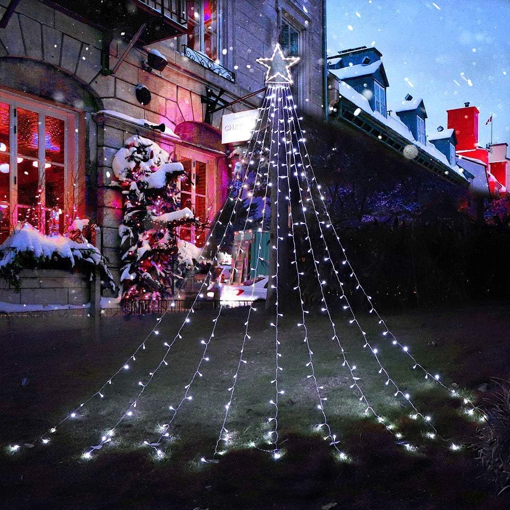 PUHONG Christmas Lights, Decorations Star Lights, 320 LED Christmas Tree Lights Outdoor, 16.4Ft String Lights, 8 Light Modes with 12 Lighted Star for Xmas New Year (Iron-Multicolor)
