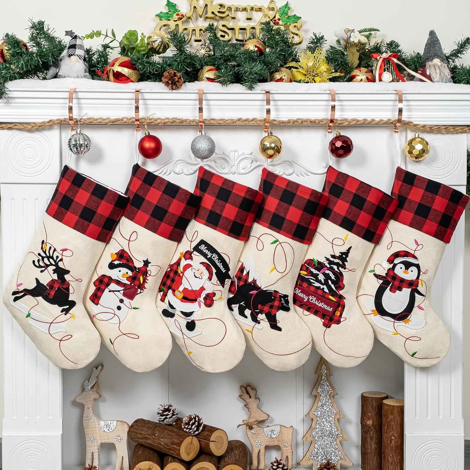 LUBOT Set of 8 Christmas Stocking(20inch) Silhouette Buffalo Red Plaid/Rustic/Farmhouse/Country Cotton Fireplace Hanging Xmas Stockings Decorations for Family Holiday Season Decor