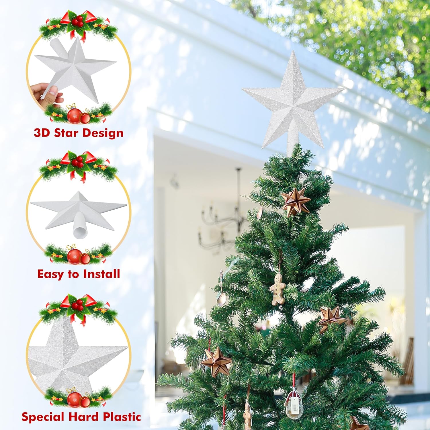 Christmas Tree Star Topper, 8 Gold Xmas Star Tree Decorations, 3D Shatterproof Bethlehem Star Tree Topper Decorations, Waterproof Christmas Tree Topper Decor for Holiday Home Outdoor Ornament