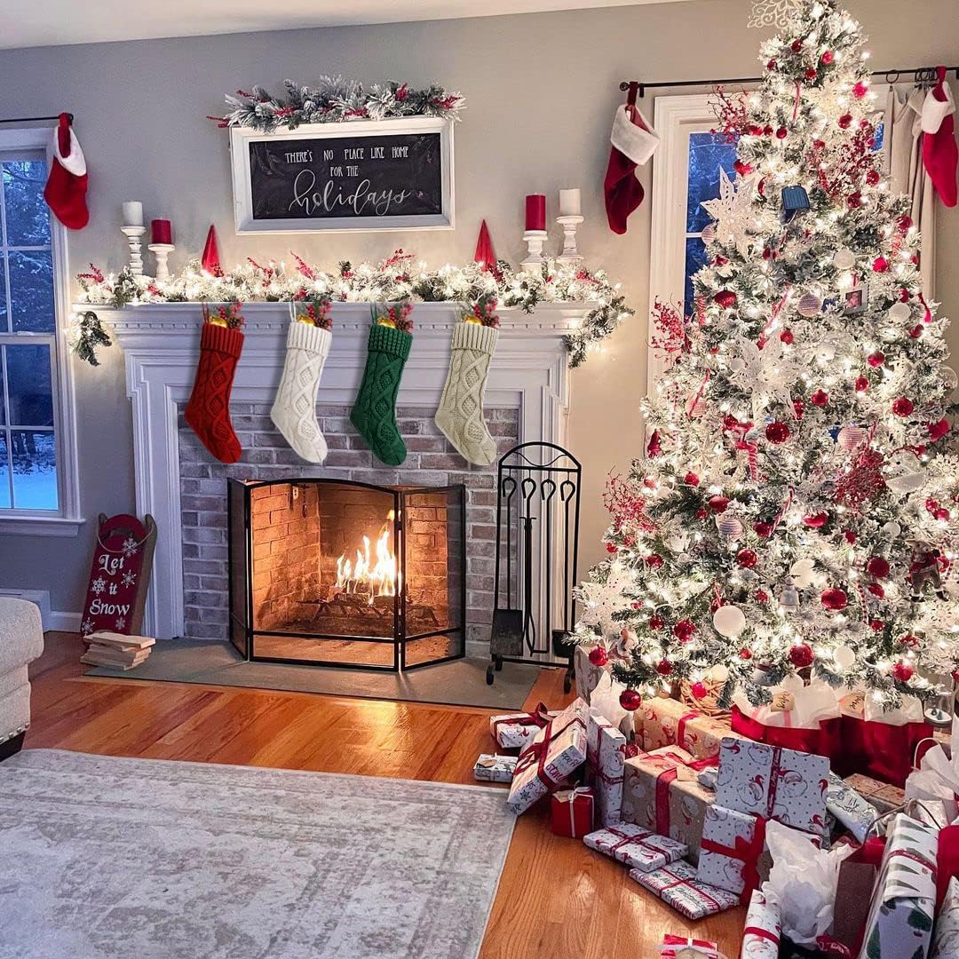 Fesciory 4 Pack Christmas Stockings 18 Inches Large Size Cable Knitted Stocking Gifts & Decorations for Family Holiday Xmas Party, Ivory White