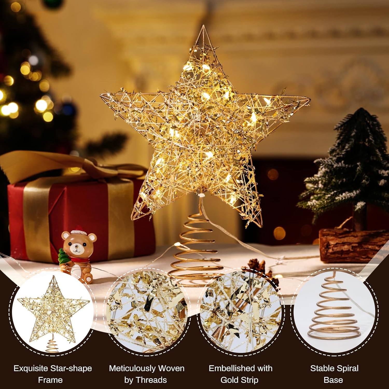 Roylvan Christmas Star Tree Topper with 8 Lighting Modes, USB Lighted Tree Topper with 20 LED Lights, Shiny Treetop Christmas Tree Decoration for Indoor Outdoor Holiday Home Ornament Gift, 9.8 Inch(H)