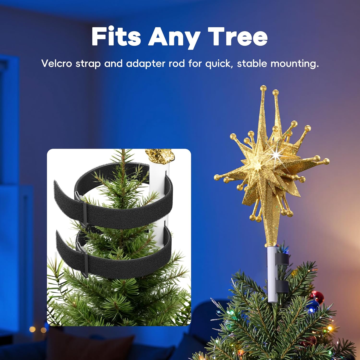 DG-Direct Christmas Tree Topper Lighted with Golden Snowflake Projector, Led Rotating Magic Snowflake, 3D Hollow Glitter Lighted Gold Snow Tree Topper for Christmas Tree Decorations