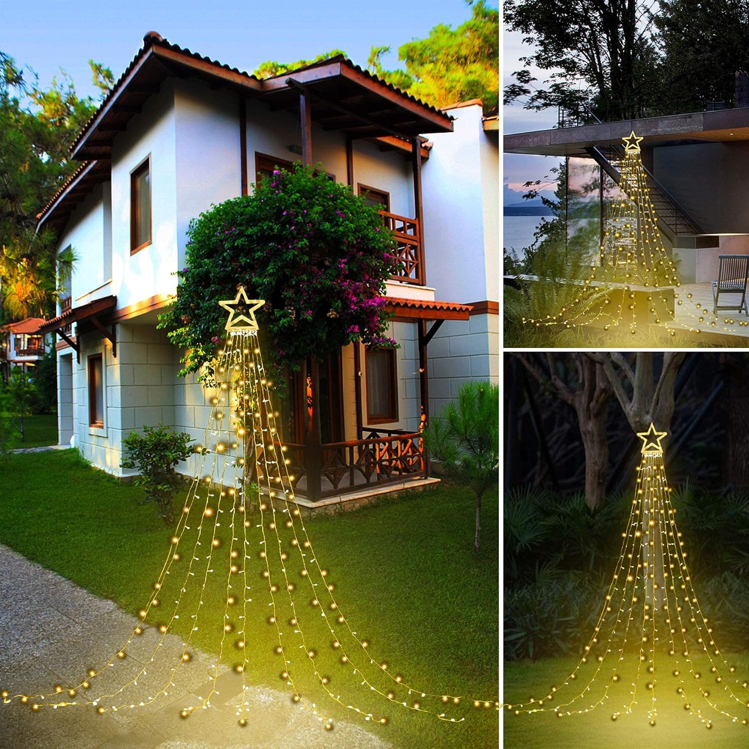 PUHONG Christmas Lights, Decorations Star Lights, 320 LED Christmas Tree Lights Outdoor, 16.4Ft String Lights, 8 Light Modes with 12 Lighted Star for Xmas New Year (Iron-Multicolor)