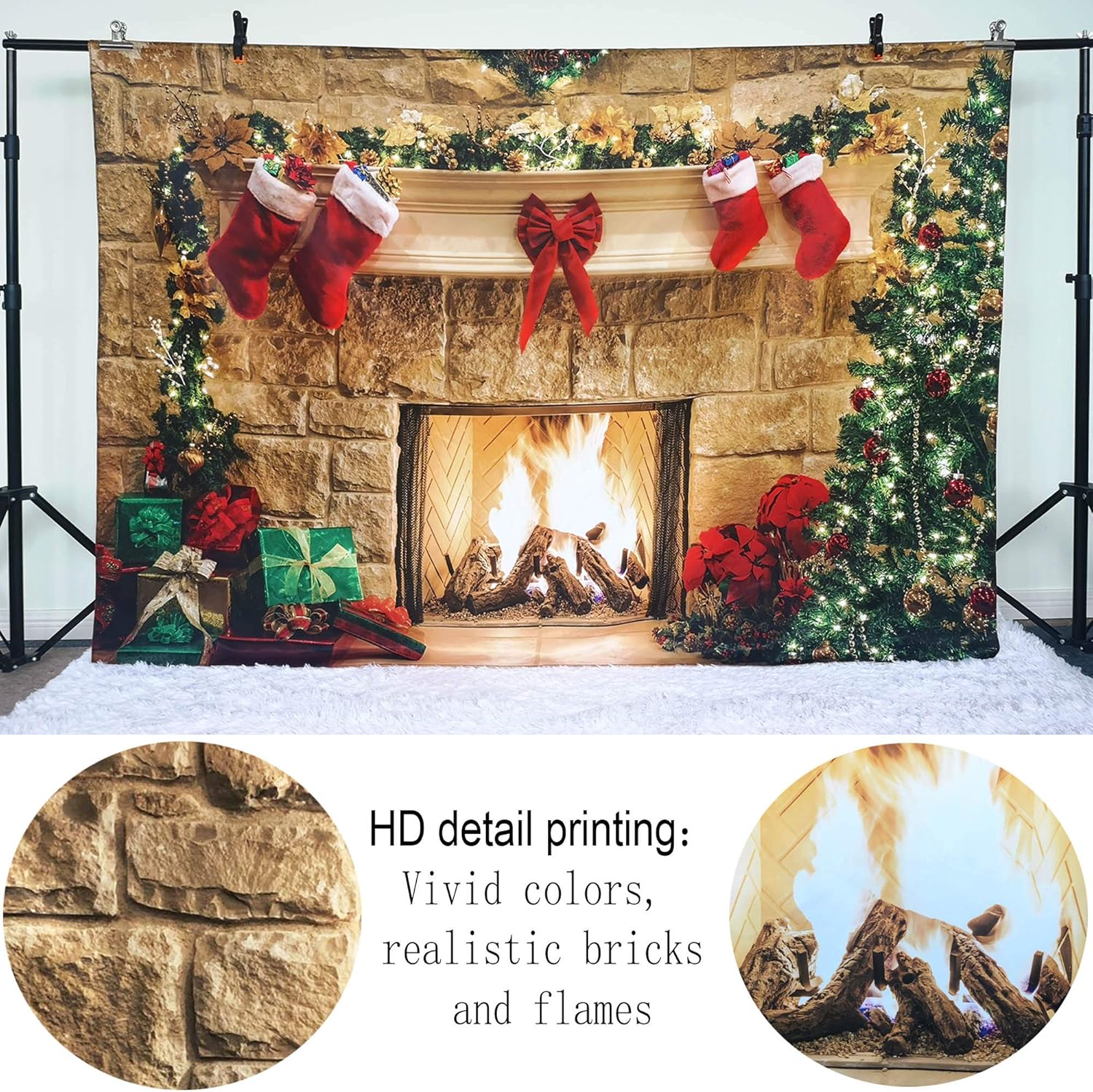 Christmas Fireplace Theme Backdrop for Photography Soft Wrinkle Free Fabric Tree Sock Decorations for Xmas Party Supplies Photo Background Pictures Banner Studio Decor Booth Props