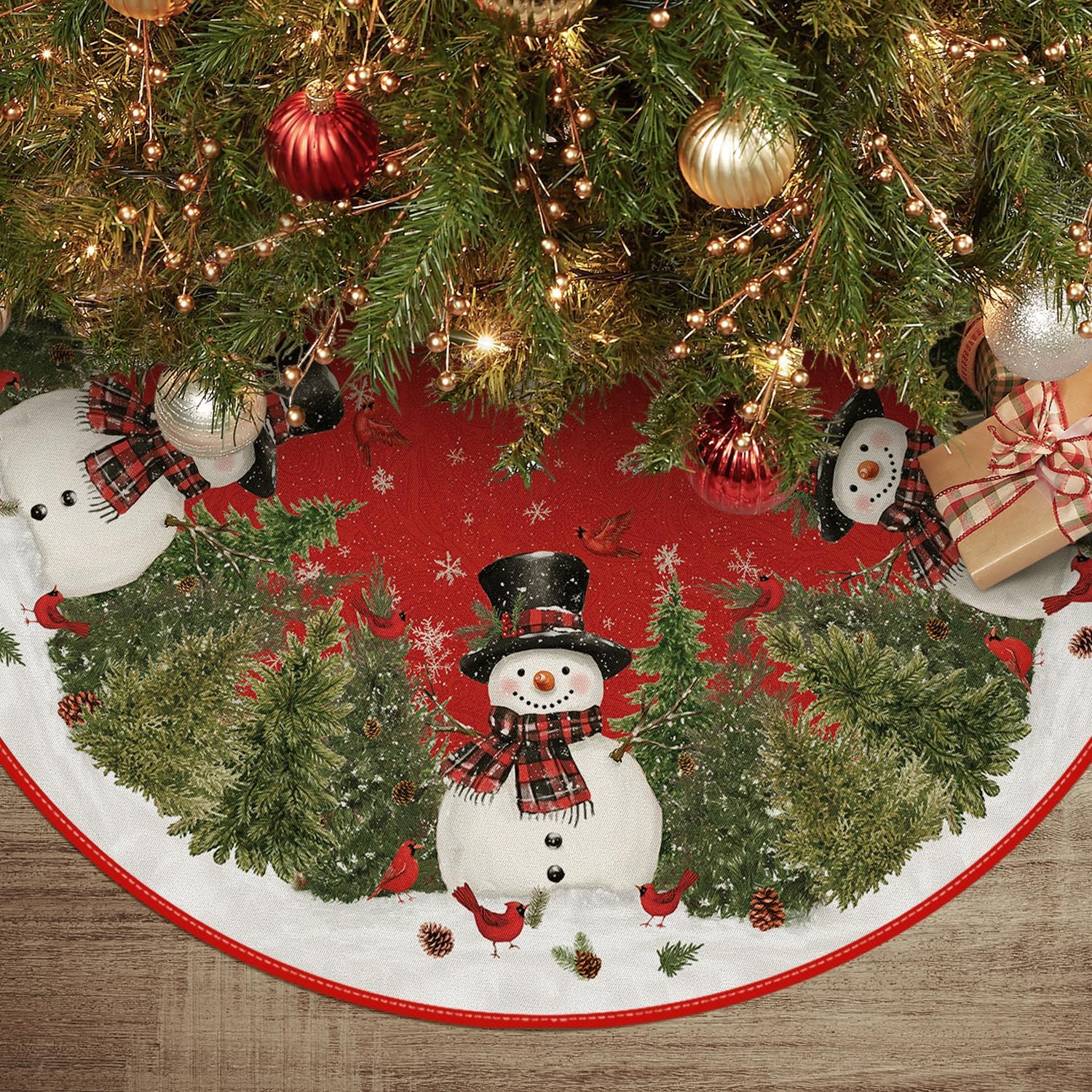 Cardinals Cedar Snowman with Scarf Christmas Tree Skirt, Xmas Winter Holiday Party Tree Mat Indoor Outdoor Decoration 36 Inch