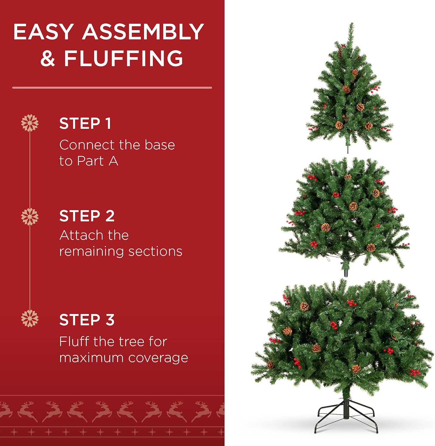 Best Choice Products 6ft Pre-Lit Pre-Decorated Spruce Hinged Artificial Christmas Tree w/ 798 Tips, Pinecones, Berries, 250 Lights, Metal Base