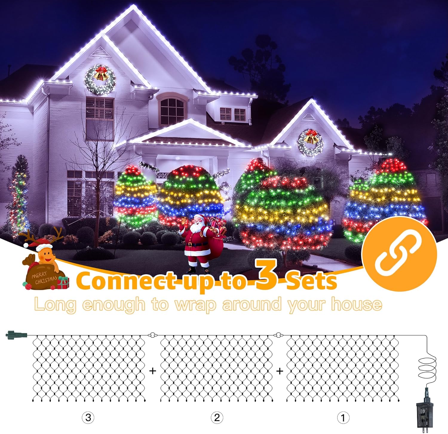 Ollny Net Lights Outdoor Mesh Light 10x7ft, 210LED Clear Wire Connectable Christmas Net Lights with 8 Modes, IP67 Waterproof Bush Light for Tree Wall Ceiling Outside Decorations, Warm White