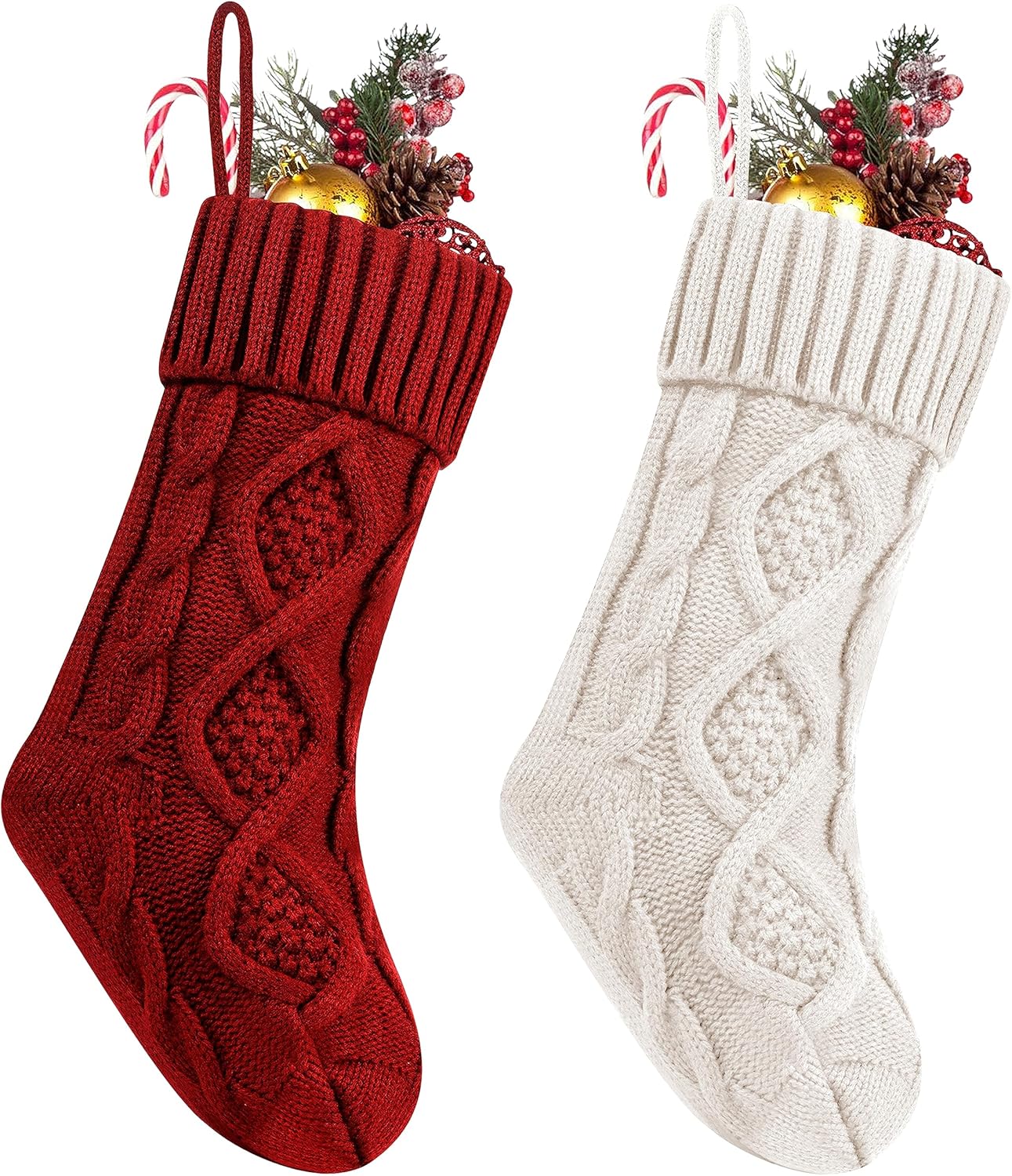 Fesciory 4 Pack Christmas Stockings 18 Inches Large Size Cable Knitted Stocking Gifts & Decorations for Family Holiday Xmas Party, Ivory White