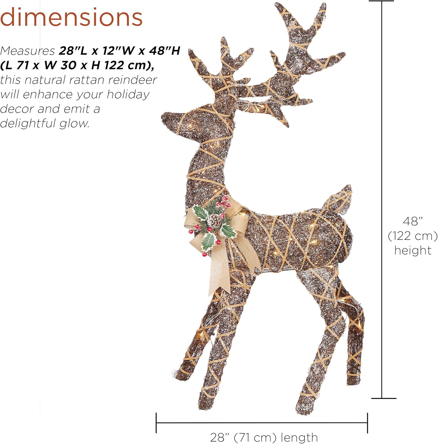 Alpine Corporation 24 Tall Outdoor Rattan Grazing Reindeer Lawn Decoration with White LED Lights, Christmas Yard Decor, Holiday Garden Display