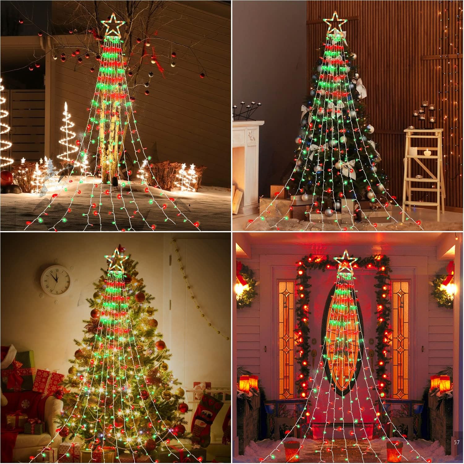 PUHONG Christmas Lights, Decorations Star Lights, 320 LED Christmas Tree Lights Outdoor, 16.4Ft String Lights, 8 Light Modes with 12 Lighted Star for Xmas New Year (Iron-Multicolor)