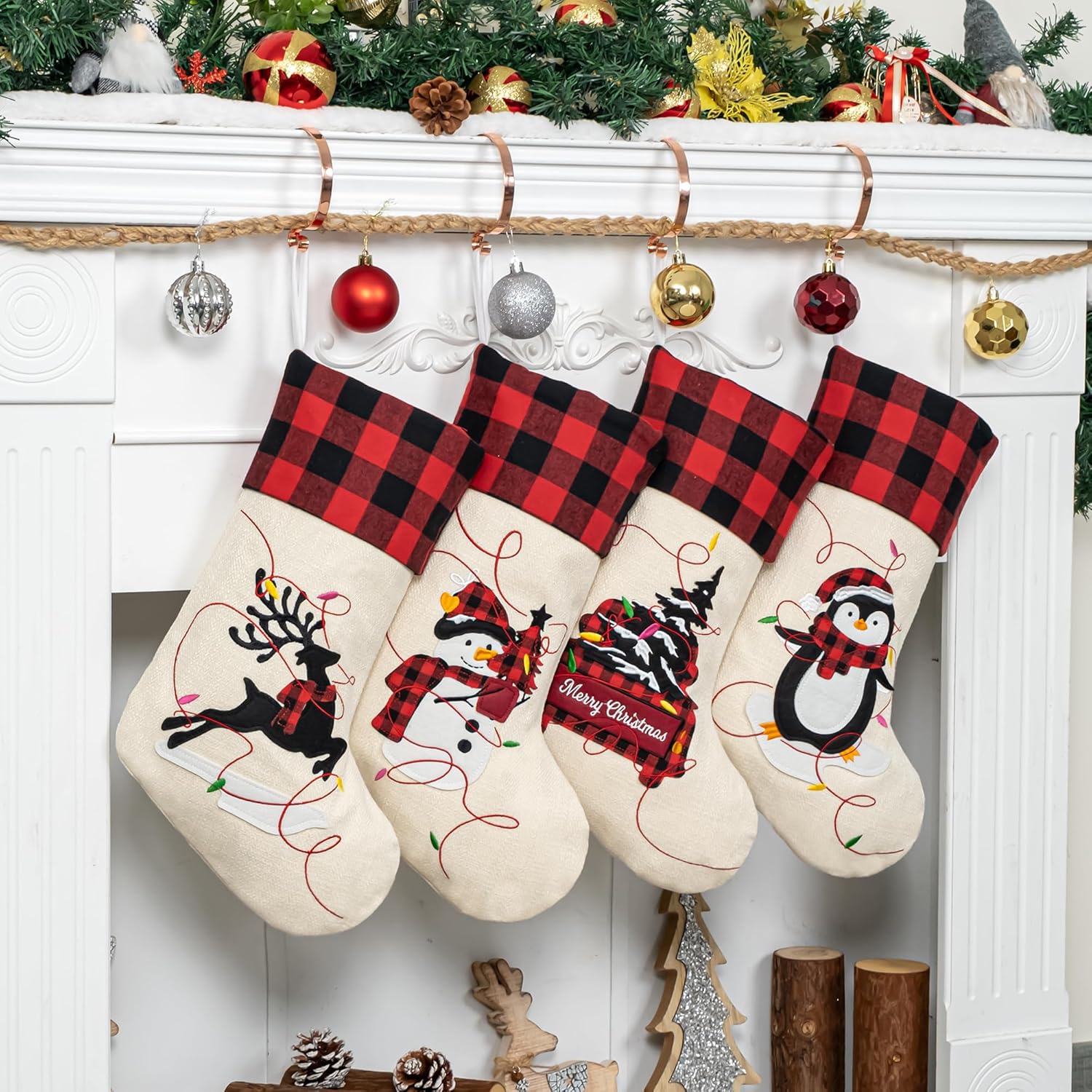 LUBOT Set of 8 Christmas Stocking(20inch) Silhouette Buffalo Red Plaid/Rustic/Farmhouse/Country Cotton Fireplace Hanging Xmas Stockings Decorations for Family Holiday Season Decor