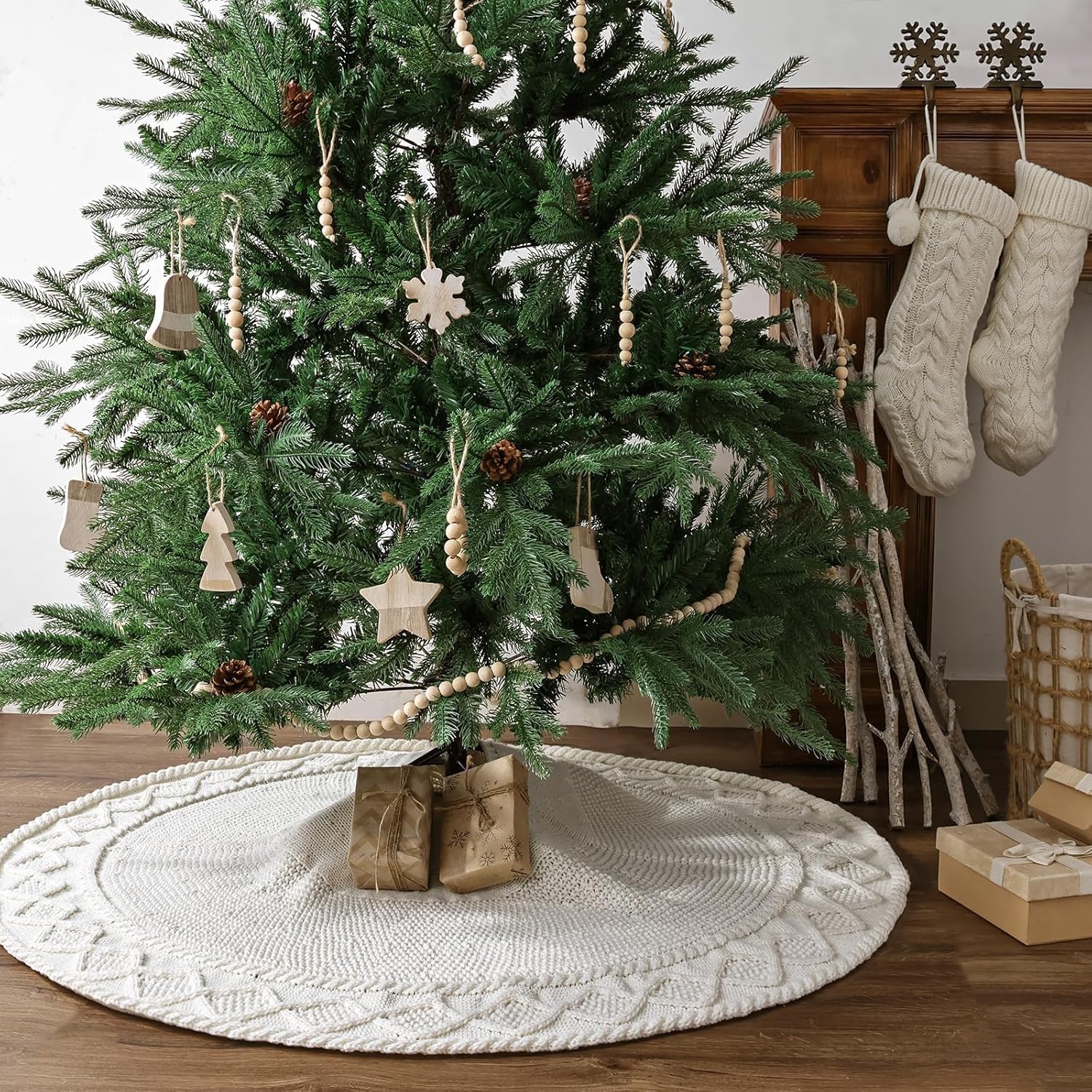 48 Inch Christmas Tree Skirt: Braided Cable Knit Tree Skirt for 7.5FT Tree, Cream White Tree Skirt, Vintage Tree Skirts, Rustic Farmhouse Christmas Decorations