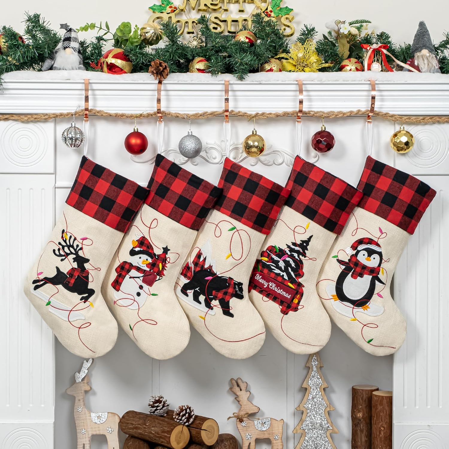LUBOT Set of 8 Christmas Stocking(20inch) Silhouette Buffalo Red Plaid/Rustic/Farmhouse/Country Cotton Fireplace Hanging Xmas Stockings Decorations for Family Holiday Season Decor