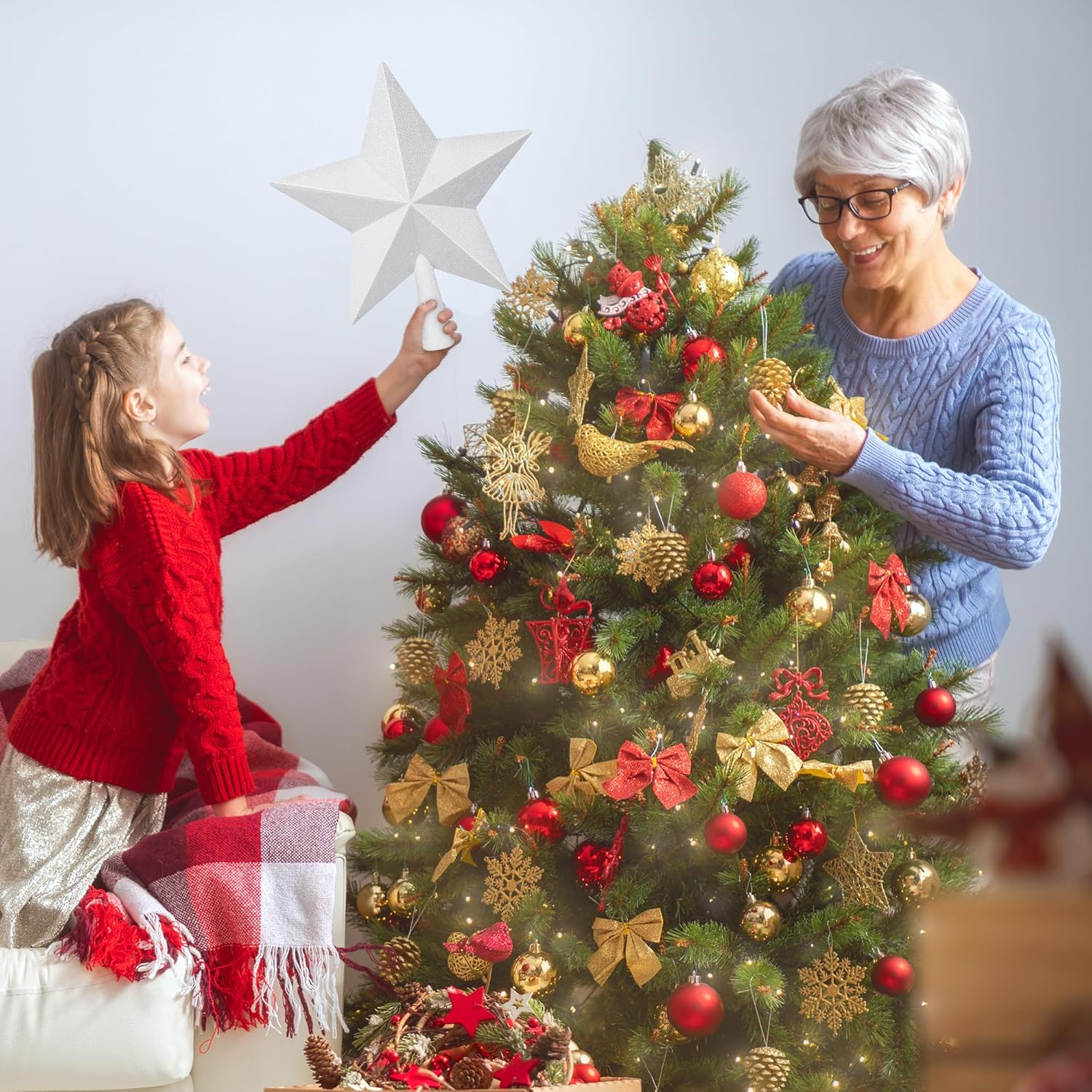 Christmas Tree Star Topper, 8 Gold Xmas Star Tree Decorations, 3D Shatterproof Bethlehem Star Tree Topper Decorations, Waterproof Christmas Tree Topper Decor for Holiday Home Outdoor Ornament