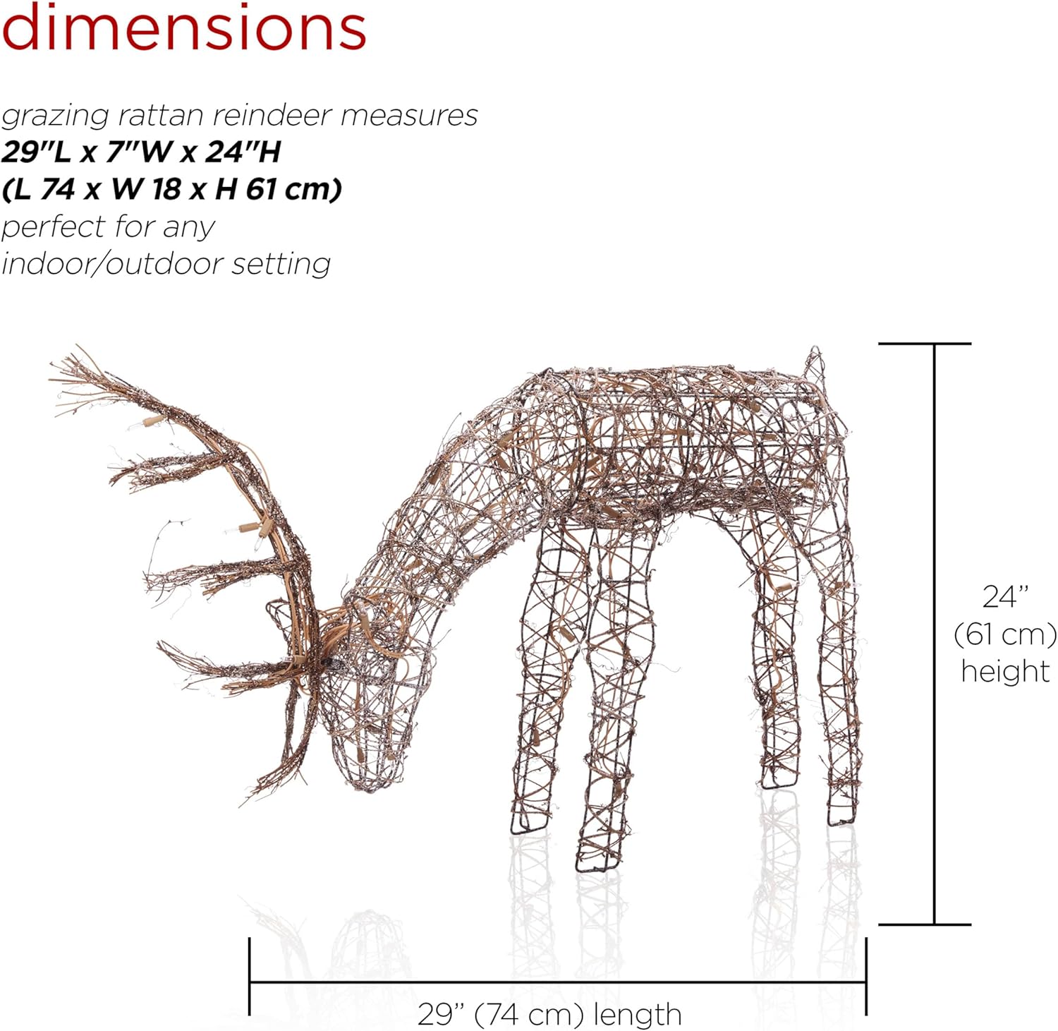 Alpine Corporation 24 Tall Outdoor Rattan Grazing Reindeer Lawn Decoration with White LED Lights, Christmas Yard Decor, Holiday Garden Display