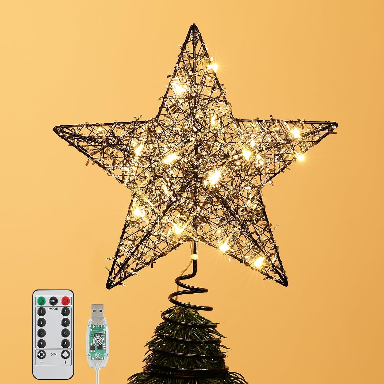 Roylvan Christmas Star Tree Topper with 8 Lighting Modes, USB Lighted Tree Topper with 20 LED Lights, Shiny Treetop Christmas Tree Decoration for Indoor Outdoor Holiday Home Ornament Gift, 9.8 Inch(H)