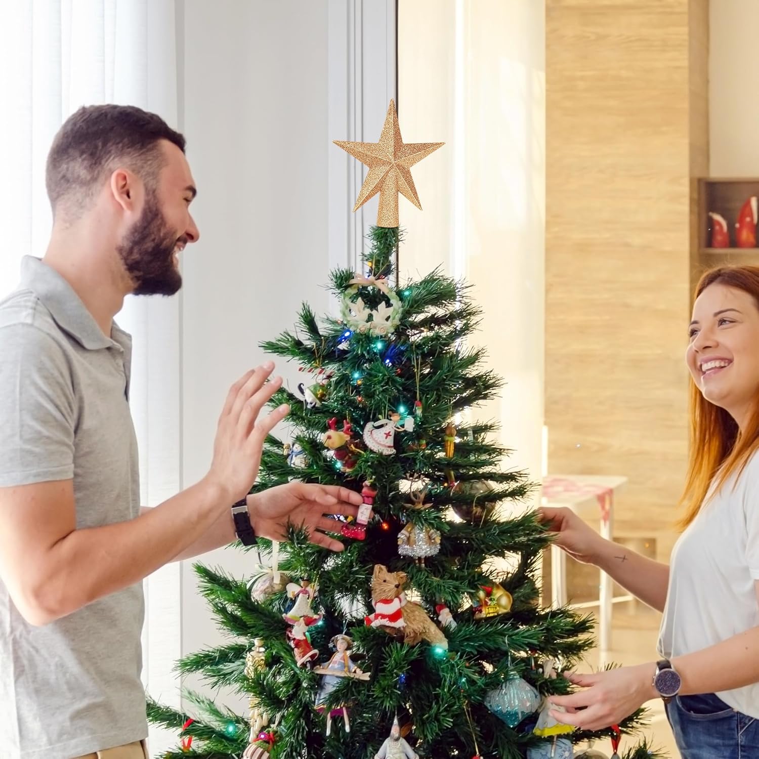 Christmas Tree Star Topper, 8 Gold Xmas Star Tree Decorations, 3D Shatterproof Bethlehem Star Tree Topper Decorations, Waterproof Christmas Tree Topper Decor for Holiday Home Outdoor Ornament