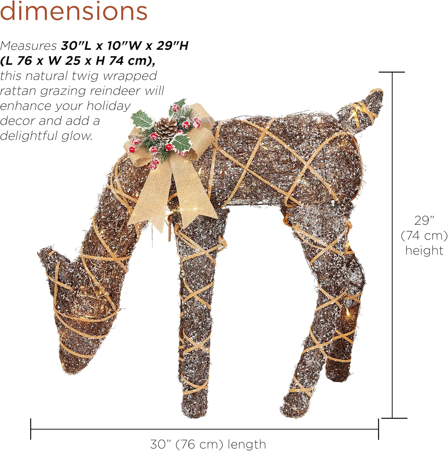 Alpine Corporation 24 Tall Outdoor Rattan Grazing Reindeer Lawn Decoration with White LED Lights, Christmas Yard Decor, Holiday Garden Display