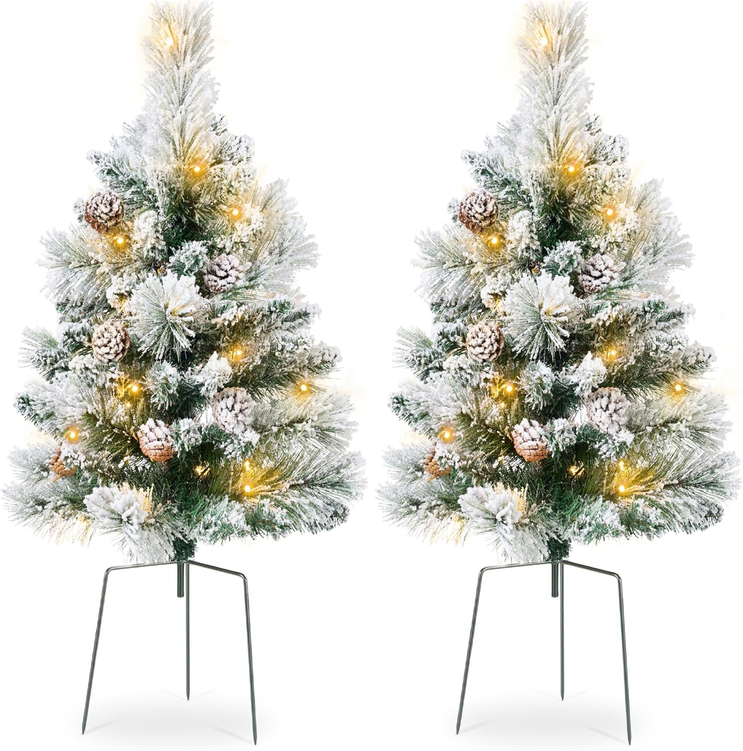 Best Choice Products Set of 2 24.5in Outdoor Pathway Christmas Trees, Battery Operated Pre-Lit Holiday Décor w/LED Lights, Red Berries, Pine Cones