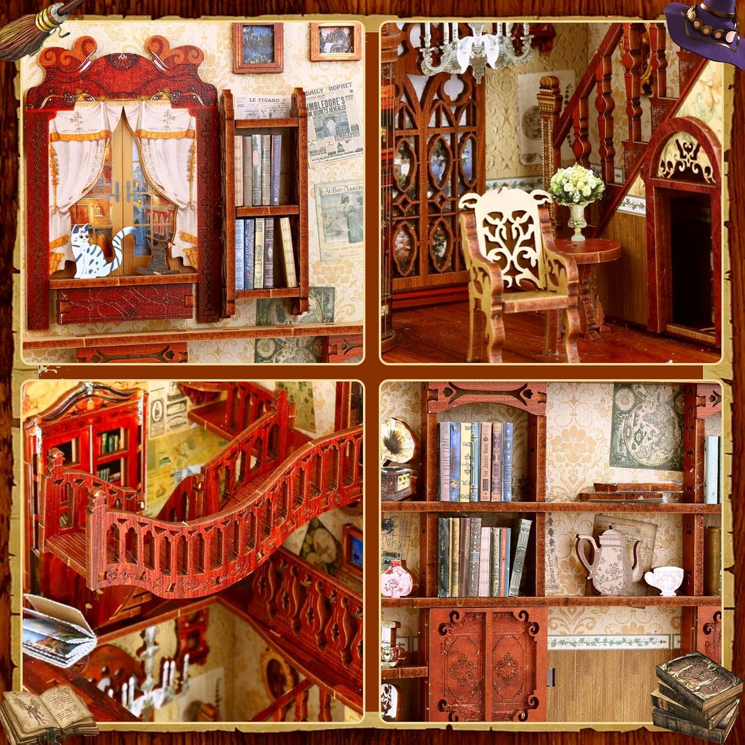 CRIOLPO Book Nook Kit - DIY Doll House Booknook, Book Nook Miniature Kit for Bookshelf Doll Houses for Adults Teen Halloween, 3D Wooden Puzzle Bookends with Sensor Led Light