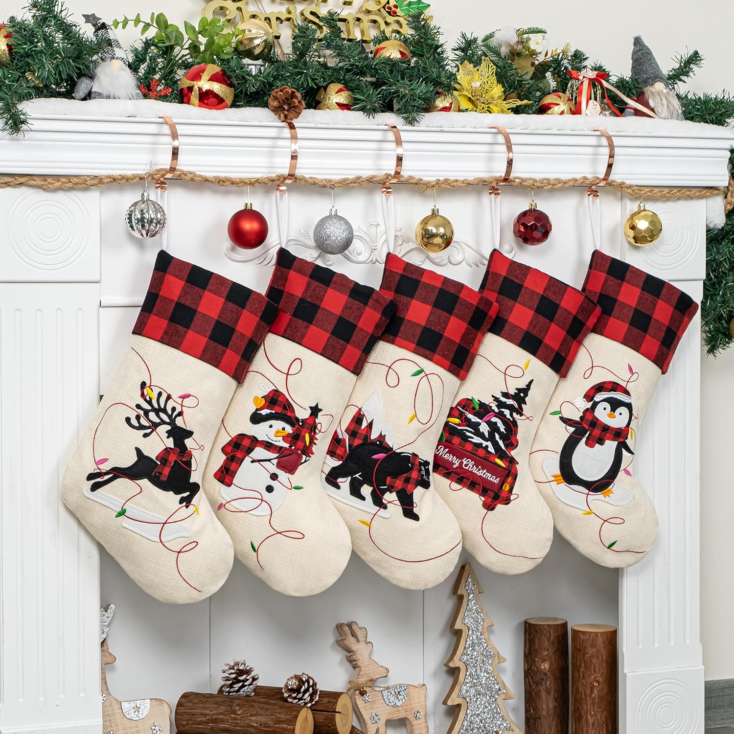 LUBOT Set of 8 Christmas Stocking(20inch) Silhouette Buffalo Red Plaid/Rustic/Farmhouse/Country Cotton Fireplace Hanging Xmas Stockings Decorations for Family Holiday Season Decor
