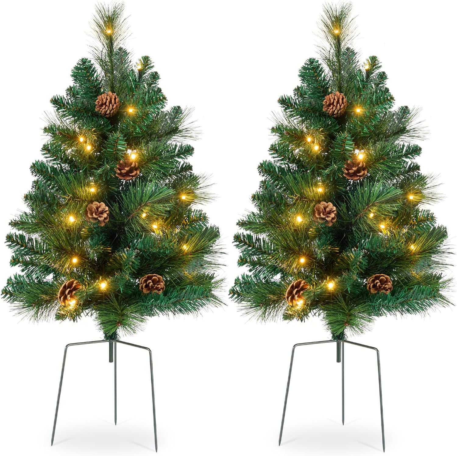Best Choice Products Set of 2 24.5in Outdoor Pathway Christmas Trees, Battery Operated Pre-Lit Holiday Décor w/LED Lights, Red Berries, Pine Cones