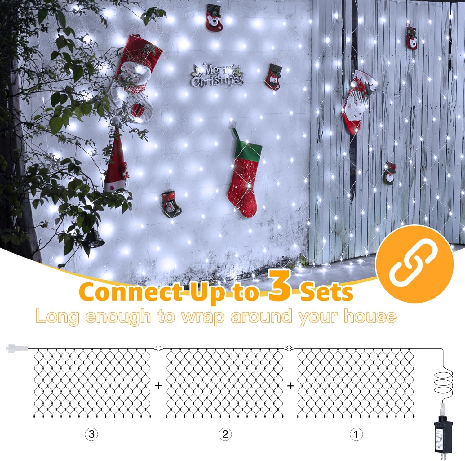 Ollny Net Lights Outdoor Mesh Light 10x7ft, 210LED Clear Wire Connectable Christmas Net Lights with 8 Modes, IP67 Waterproof Bush Light for Tree Wall Ceiling Outside Decorations, Warm White