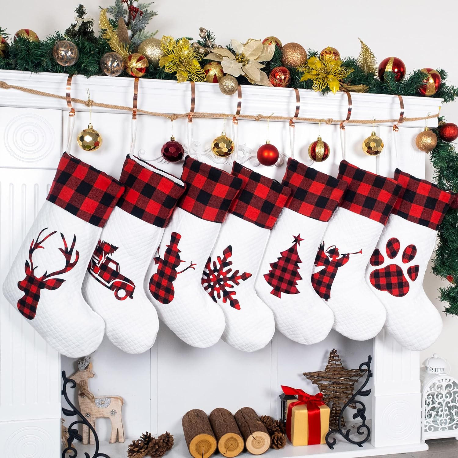 LUBOT Set of 8 Christmas Stocking(20inch) Silhouette Buffalo Red Plaid/Rustic/Farmhouse/Country Cotton Fireplace Hanging Xmas Stockings Decorations for Family Holiday Season Decor