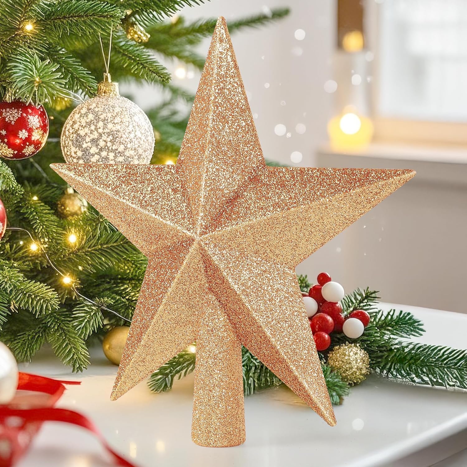 Christmas Tree Star Topper, 8 Gold Xmas Star Tree Decorations, 3D Shatterproof Bethlehem Star Tree Topper Decorations, Waterproof Christmas Tree Topper Decor for Holiday Home Outdoor Ornament