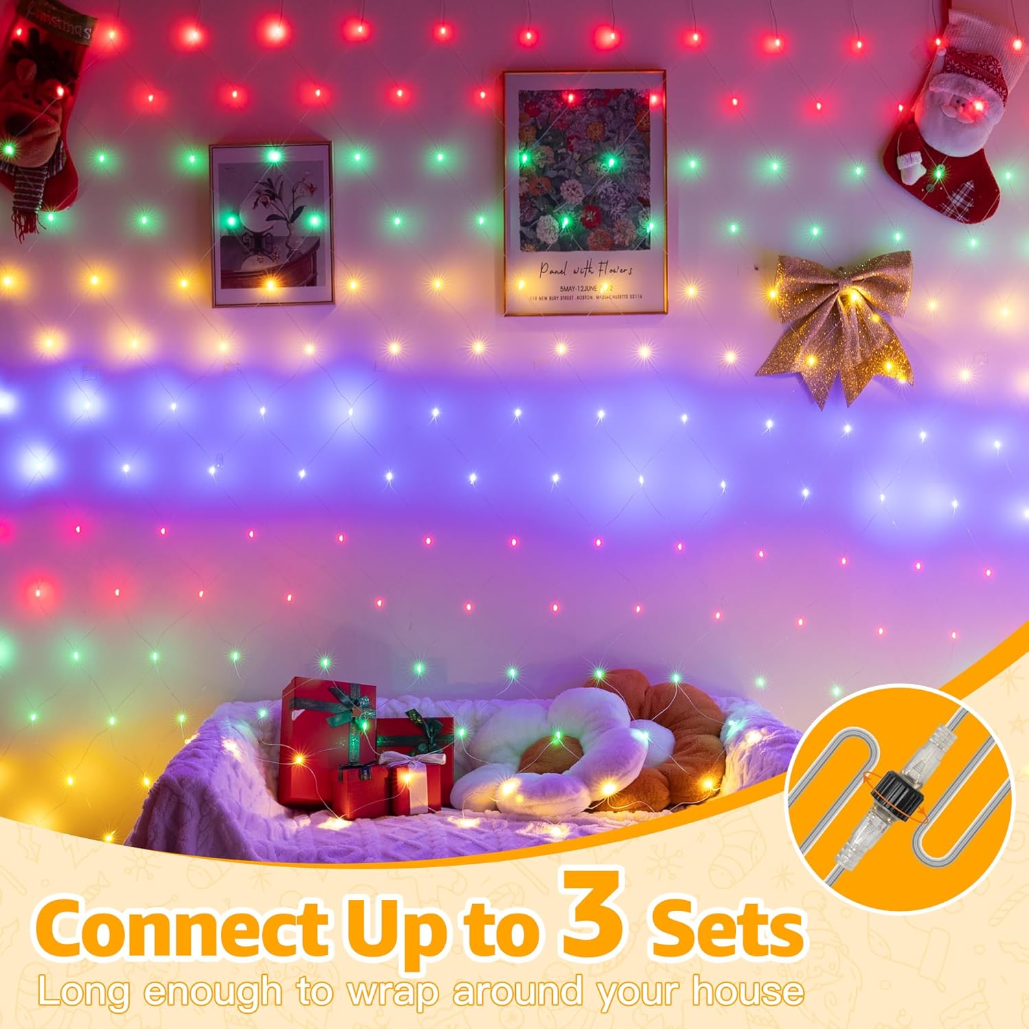 Ollny Net Lights Outdoor Mesh Light 10x7ft, 210LED Clear Wire Connectable Christmas Net Lights with 8 Modes, IP67 Waterproof Bush Light for Tree Wall Ceiling Outside Decorations, Warm White