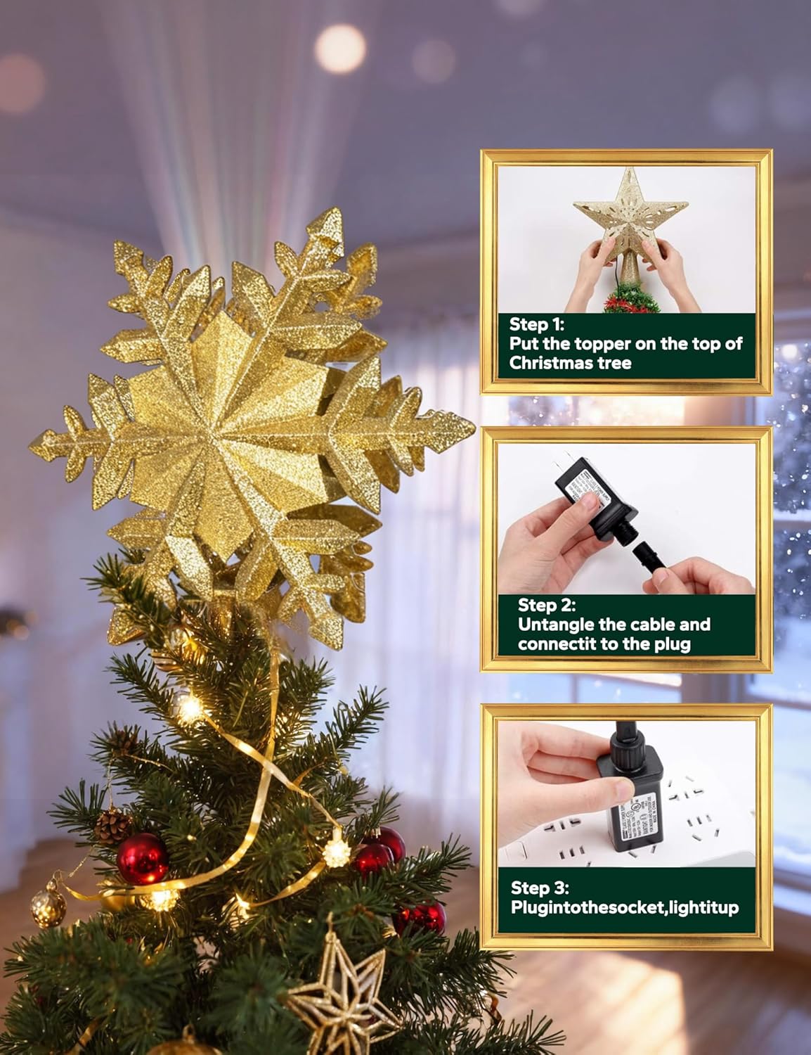 DG-Direct Christmas Tree Topper Lighted with Golden Snowflake Projector, Led Rotating Magic Snowflake, 3D Hollow Glitter Lighted Gold Snow Tree Topper for Christmas Tree Decorations