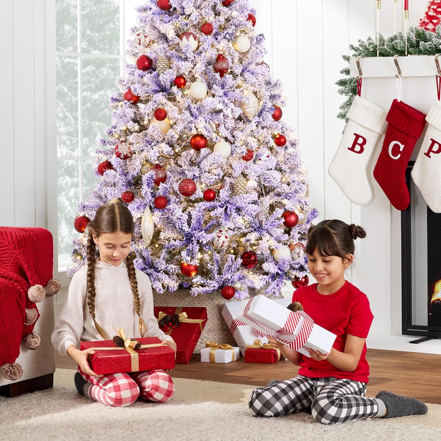 Best Choice Products Pre-Lit Artificial Christmas Tree, 6ft Snow Flocked Design Pine Tree, Full Appearance Snowy w/Easy Assembly, Metal Stand